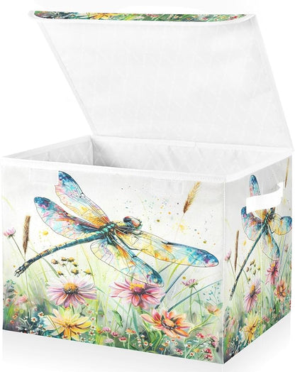senya Baskets Collapsible Storage Bins with Lids, Dragonfly Wildflowers Painting Storage Boxes Clothes Baskets for Organizing, B06D22020