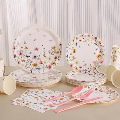 Wildflower Party Supplies Decorations 175PCS Floral Paper Plates and Napkins, Tea Party Plates and Cups Disposable Dinnerware Sets for Spring Butterfly Birthday Decorations, Serves 25