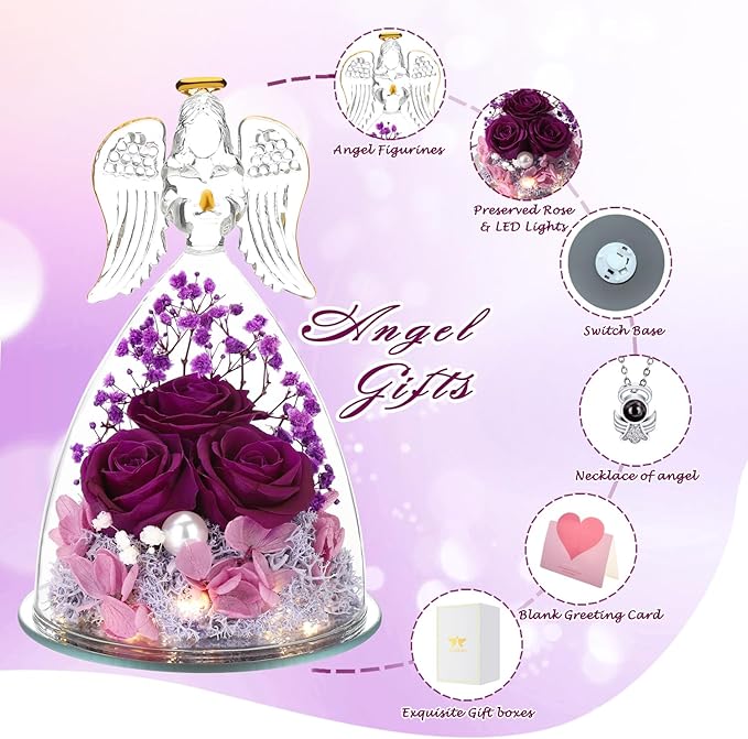 ANWEAO Christmas Angel Rose Gifts for Her, Glass Angel Figurine with Three Roses Gifts,Preserved Forever Real Rose Gifts for Women, Angel Guardian with Rose Flower Gifts, Birthday Gifts for Women