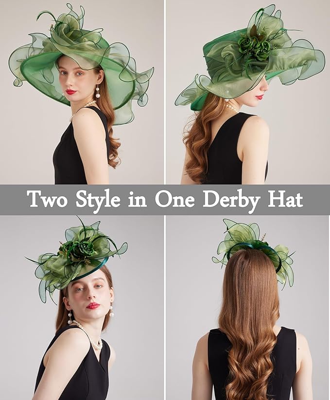 Organza Derby Hats for Women Wide Brim Fascinator Hat Rose Flower Wedding Tea Party Hat