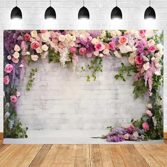 12x8ft Retro White Brick Wall Floral Backdrop Vine Leaves Rose Flowers Photography Background Bridal Shower Wedding Party Birthday Banner Decorations Adults Portrait Photo Booth Prop