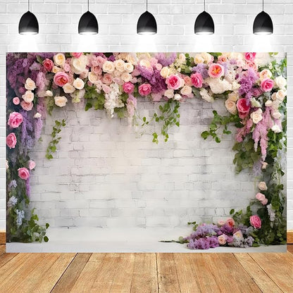 10x6.5ft Retro White Brick Wall Floral Backdrop Vine Leaves Rose Flowers Photography Background Bridal Shower Wedding Party Birthday Banner Decorations Adults Portrait Photo Booth Prop