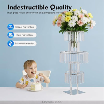 5 Tiers Wedding Centerpieces Vase, 43.3In Silver Acrylic Flower Vase with Hanging Crystals, Square Chandelier Pedestal Stand for Party Table Decoration Lawn Hotel