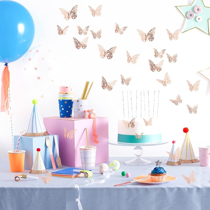144 Pcs Rose Gold Butterfly Stickers 3D Butterflies Wall Decals Glitter 6 Styles and 3 Sizes Decorative Wall Stickers Butterfly Party Decorations, Butterflies for Cake Decorating