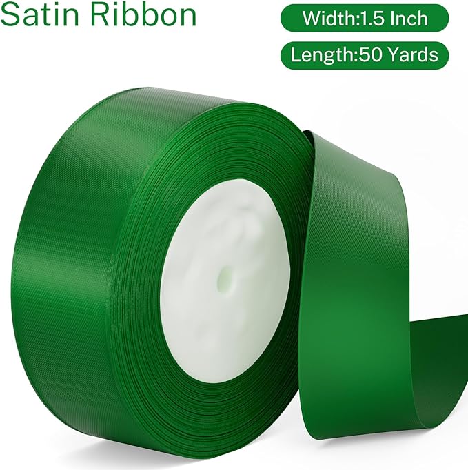 Green Ribbon 1-1/2 inch Green Satin Ribbon 50 Yards for Crafts Sewing Wrapping Flower Bouquet Christmas Wreath Wedding Invitations Party Decorations