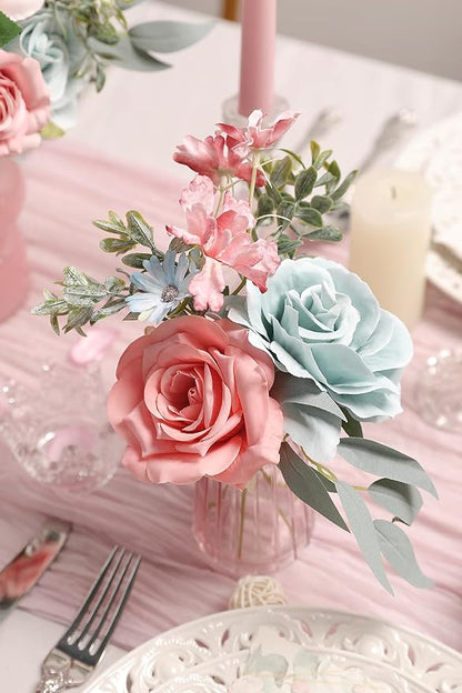 Blue Pink Artificial Flowers Combo Set Fake Flower Leaf Box with Stemst for DIY Wedding Bridal Bouquet, Centerpieces, Home Decor, Floral Arrangement Decor
