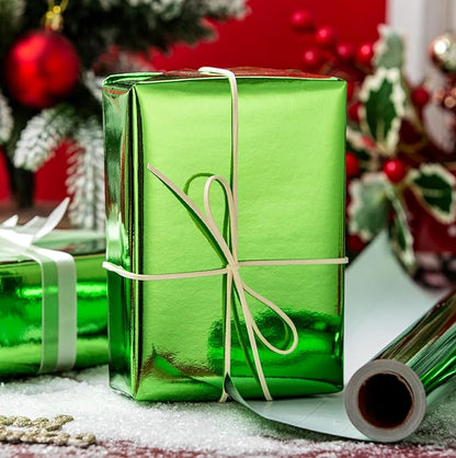 Merture Green Wrapping Paper Roll - 17 In X 33 Ft(46.5 sq.ft.) Metallic Green Solid Color Gift Wrap for Christmas, Fathers Day, Baby Shower, Gender Reveal Party, Hanukkah