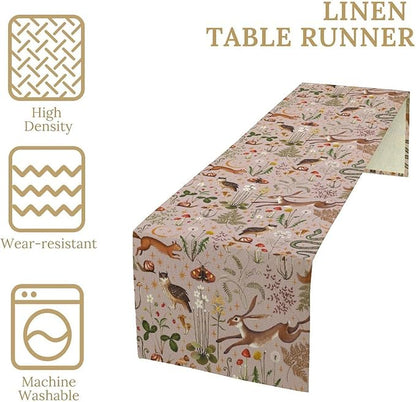 Rustic Forest Table Runner, Farmhouse Pink Woodland Hare Squirrel Owl Flowers Mushroom Print Table Runner for Holiday Kitchen Dinning Table Indoor Outdoor Home Party, 13x70inch