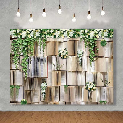 8x6ft Vintage Bookshelf Backdrop Flower Garlend Book Pages Wedding Party Photo Backdrop Baby Shower Graduation Party Photo Studio Background KUBDJ727