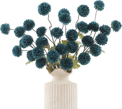 DuHouse 6pcs Artificial Flowers Faux Silk Pompon Mum,Silk Small Mini Chrysanthemum Ball with Stems for DIY Bouquets Centerpieces Vase Home Table Kitchen Decorations(Peacock Blue)