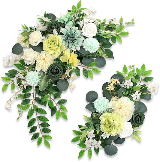 Pack of 2 Wedding Arch Decorations Artificial Hanging Flowers Floral Swag for Wedding Welcome Sign Backdrop Balloon Arch Home Party Bridal Ceremony Reusable(White Green)