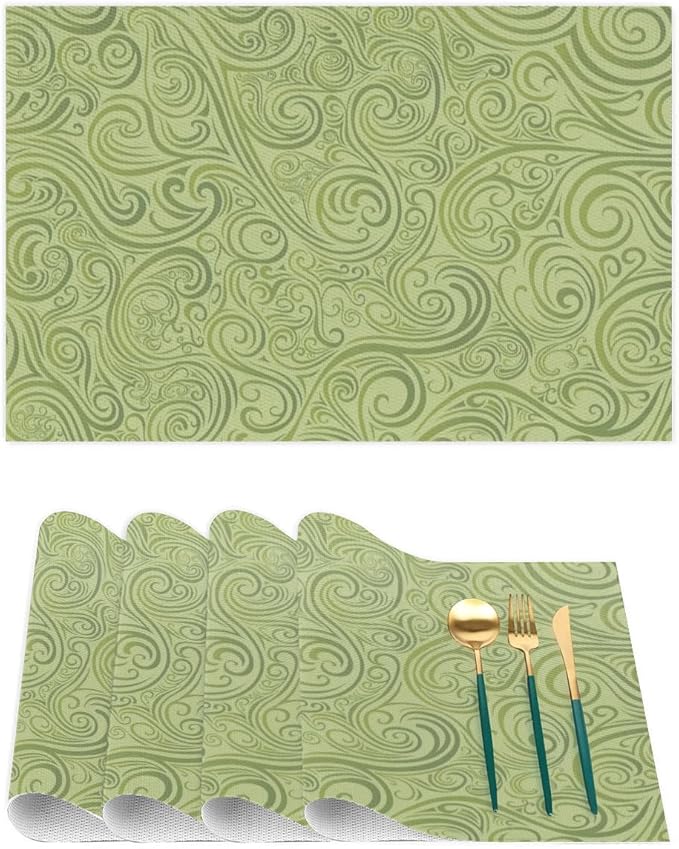 PVC Placemats Set of 6 Sage Green Abstract Art Wipeable Table Mats Washable Heat Resistant Non Slip Vinyl Dining Table Mat for Kithen Indoor Outdoor Patio Farmhouse Place Mats Decorative