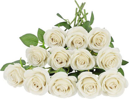 12pcs Roses Artificial Flowers Beige Silk Roses with Long Stems Fake Flowers for Wedding Bouquet Centerpices Decorations Party Bridal Baby Shower Home Decor