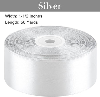 1-1/2 Inches 50 Yards Silver Satin Ribbon, Solid Fabric Ribbon Roll for Flower Bouquets, Gift Wrapping, Wedding, Handmade Crafts