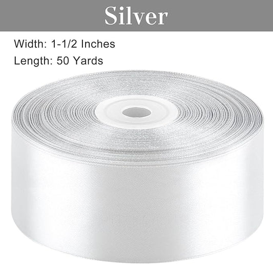 1-1/2 Inches 50 Yards Silver Satin Ribbon, Solid Fabric Ribbon Roll for Flower Bouquets, Gift Wrapping, Wedding, Handmade Crafts
