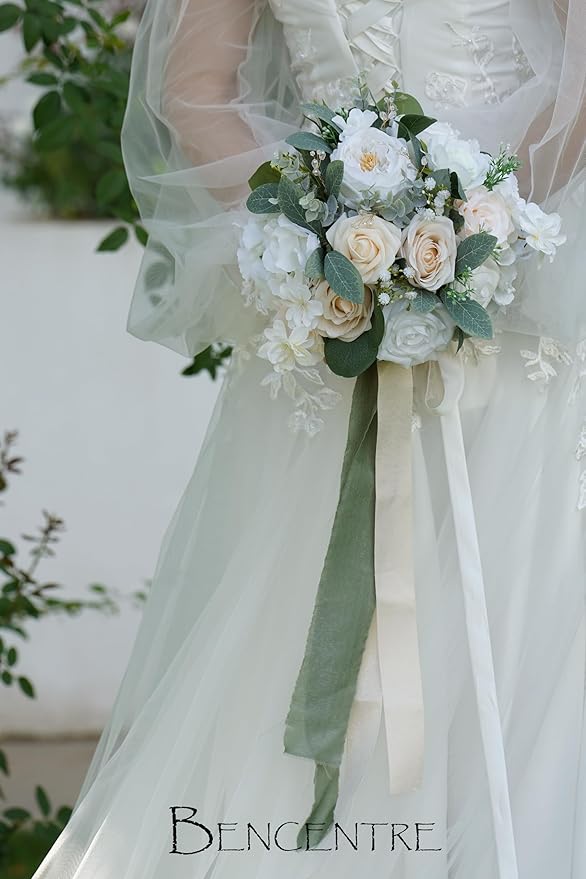 10 Inch White Bridal Bouquet,Wedding Bouquet,Bride Bouquets for Wedding Ceremony Anniversary, Party and French Rustic Vintage Wedding,Artificial Flowers