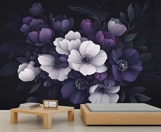 Dark Peony Floral Wall Mural, Purple and Black Flower 3D Wall Murals, Luxury Botanical Wallpaper Mural, for Living Room Bedroom Large Wallpaper Indoor Decor 177.16" W x120 H