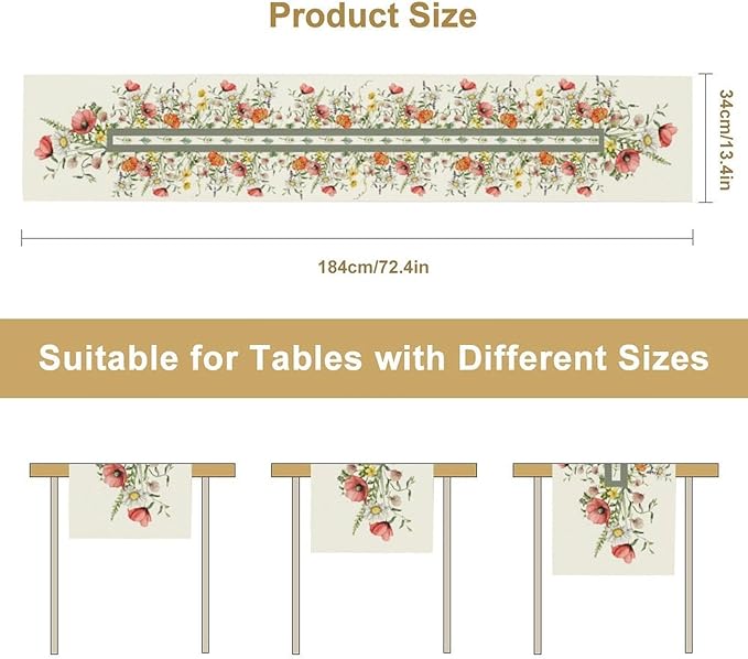 Watercolor Floral Table Runner, Red Wildflowers Botanical Nature Farmhouse Design Table Runner for Kitchen Dining Home Party, 13x70 Inch