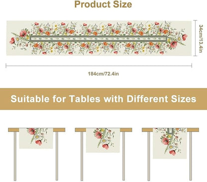 Watercolor Floral Table Runner, Red Wildflowers Botanical Nature Farmhouse Design Table Runner for Kitchen Dining Home Party, 13x70 Inch