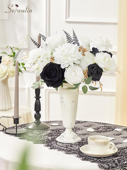 Serwalin Black Artificial Flowers, White Roses Silk Fake Flowers for DIY Wedding Bridal Bouquets, Wedding Cake Flowers for Table Centerpieces Baby Shower Birthday Party Home Decorations