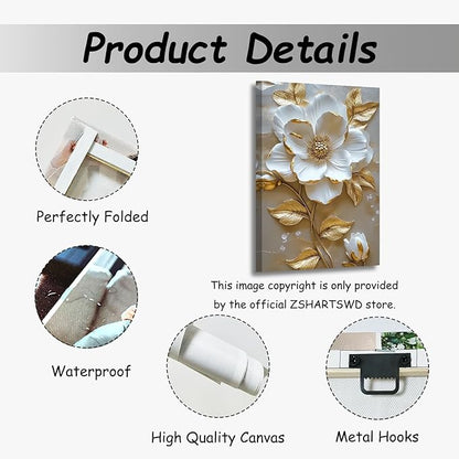 ZSHARTSWD Abstract White & Gold Floral Canvas Wall Art Elegant Flowers Pictures Prints White Flower Golden Leaves Painting Living Room Bathroom Decor Framed (Beige, 30L x 20W)