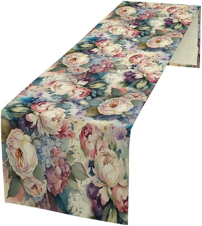 Vintage Floral Table Runner,Girls Women Rose Romantic Leaf Botanical Watercolor Pattern Print Burlap for Hotel Indoors Outdoor Dining Room Kitchen Holiday Party, 13x70in