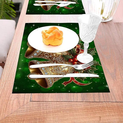 PVC Placemats Set of 6 Wipeable Table Mats Washable Heat Resistant Non Slip Vinyl Dining Table Mat for Kitchen Indoor Outdoor Patio Farmhouse Place Mats Green Christmas Bell Decorative