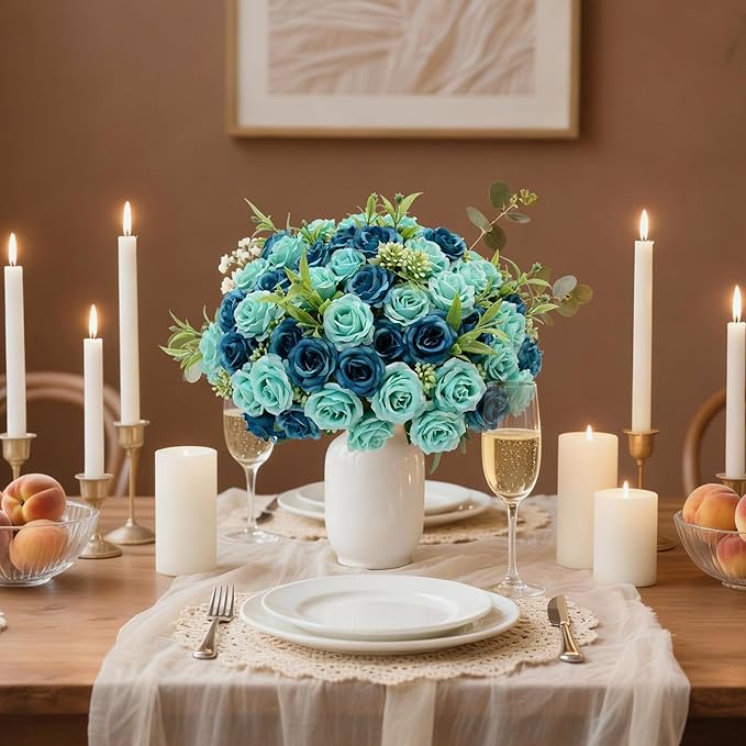 8 Pack Rose Artificial Flowers Bouquet, 10 Small Silk Rose Heads Per Pack, Fake Roses Bunches for Wedding Table Centerpieces Bridal Bouquet Mother's Day Valentine's Day Home Decor, Blue