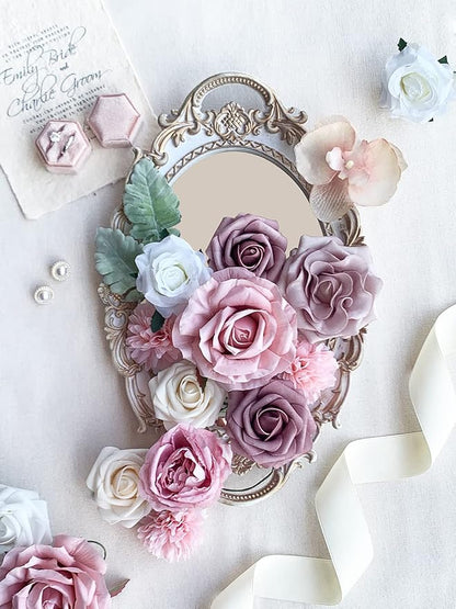 Roses Artificial Flowers Pink Bouquet Combo Box Set Fake Flower Bulk for DIY Bridal Wedding Shower Decorations Centerpieces for Table Faux Floral Arrangement for Party Home Decor Indoor
