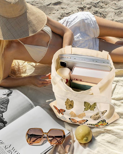Aesthetic Canvas Tote Bag with Inner Pocket for Women, Cloth Cotton Totes Bag with Pattern for Shopping, Gym