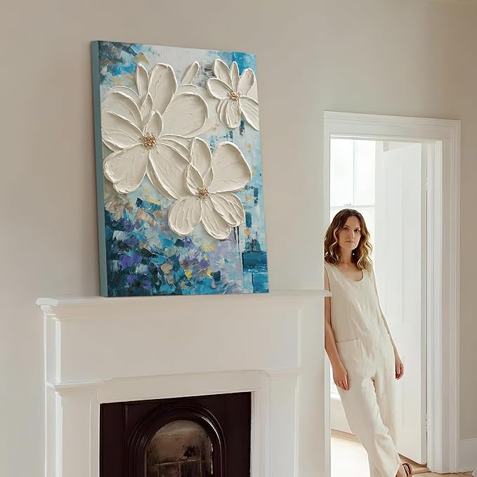 JUHOME Hand-Painted Textured Flower Oil Painting Canvas Wall Art,24x36 In Abstract White Floral Artwork, Vertical Modern Original Wall Decor for Living Room Bedroom Office