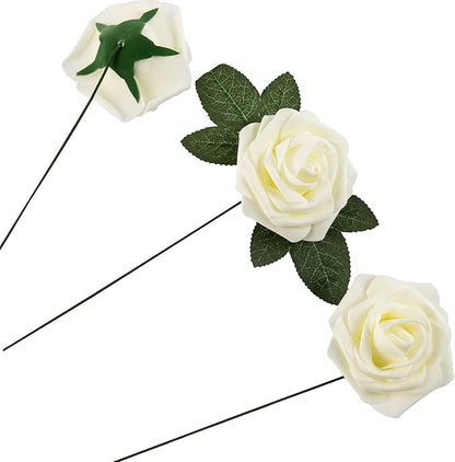 Artificial Flower Foam Rose 25pcs Real Looking Fake Rose with Stems Leaves for Home Decoration Party Garden Centerpieces DIY Wedding Bouquets（Ivory White）