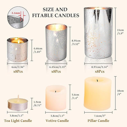 CHILL RECIPE Silver Cylinder Vases Glass Candle Holders Bulk, Mercury Hurricane Candle Holder Small Flower Vases for Centerpieces Tea Light Pillar Votive Candles Wedding Decor Party (8 Set 24Pcs)