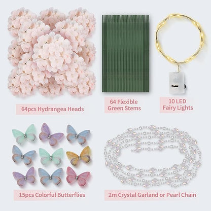 64PCS Artificial Hydrangea Flowers with Stems, Silk Hydrangea Heads with LED Decorative Lights, Crystal Strings & Butterfly Accents for Wedding Centerpieces and Home Decor(64, Pink)