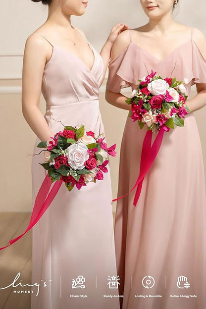 Ling's moment Blush Pink Bridesmaid Bouquet Set of 4, Pink Wedding Bouquets for Bridesmaids, 7 Inch Bridal Bouquets for Bridesmaids, Wedding, Ceremony, Anniversary, etc.