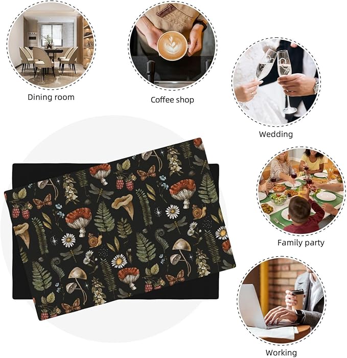 Mushroom Placemats Set of 6,Vintage Gothic Mushroom Fern Kitchen Place Mats Linen 12x18 Inch,Black 6 PCS, Style-5
