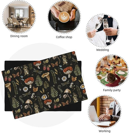 Mushroom Placemats Set of 6,Vintage Gothic Mushroom Fern Kitchen Place Mats Linen 12x18 Inch,Black 6 PCS, Style-5