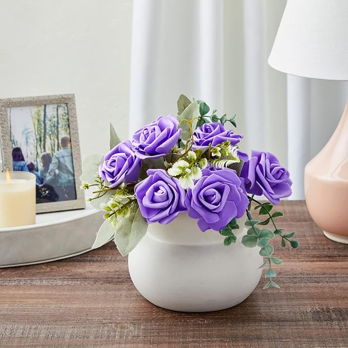 Juvale Stemless Artificial Roses - Durable Plastic Roses for Wedding Decor - for Centerpiece Table Decorations - Realistic Artificial Flowers for Maintenance-Free Use - Purple, Pack of 100
