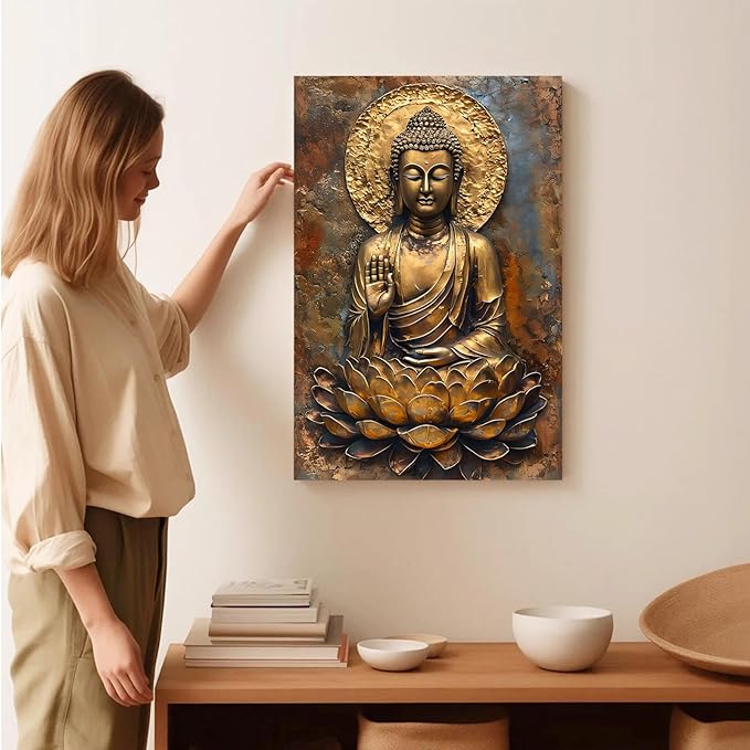Buddha Wall Art Golden Buddha in Lotus Seat Serene spiritual statue radiant aura Meditation and mindfulness wall art suitable for sacred spaces 12x18in Frameless