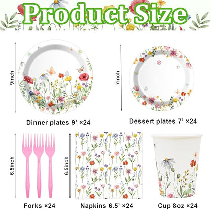 Wildflower Party Plates and Napkins supplies, Floral Paper Plates Wildflower Baby ShowerDecorations Tableware for Spring Summer Pinic Wedding Birthday Tea Party Service 24 Guests