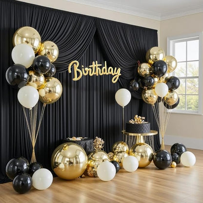PartyVillage 50ft×15ft Black Backdrop Curtain for Wedding Parties, 10 Panels Wrinkle Free 15 FT Long Polyester Photo Backdrop Drapes Back Drop Cloth for Birthday Photography Background