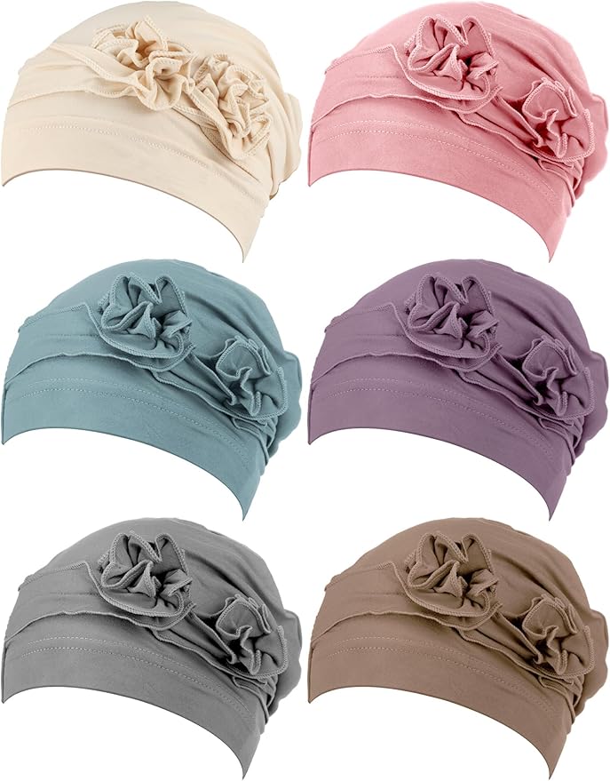 JenPen 6 Pcs Chemo Headwear for Women Stretchy Soft Turbans for Cancer Solid Beanie Flower Chemo Caps for Hair Loss