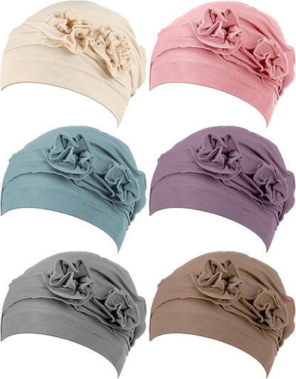 JenPen 6 Pcs Chemo Headwear for Women Stretchy Soft Turbans for Cancer Solid Beanie Flower Chemo Caps for Hair Loss