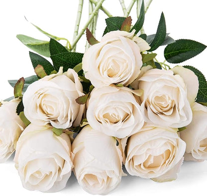 Flojery 10pcs Artificial Rose Flowers Long Stem Fake Silk Roses for DIY Wedding Bouquet Table Centerpiece Home Decor (White)