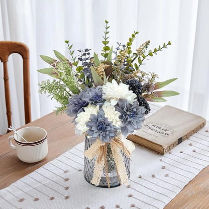 Wracra Artificial Flowers in Vase, Silk Fake Flowers with Vase, Faux Flowers Table Centerpieces for Dining Room, Bathroom Farmhouse Kitchen Coffee Table Decor (White Blue Dahlia,Grey)