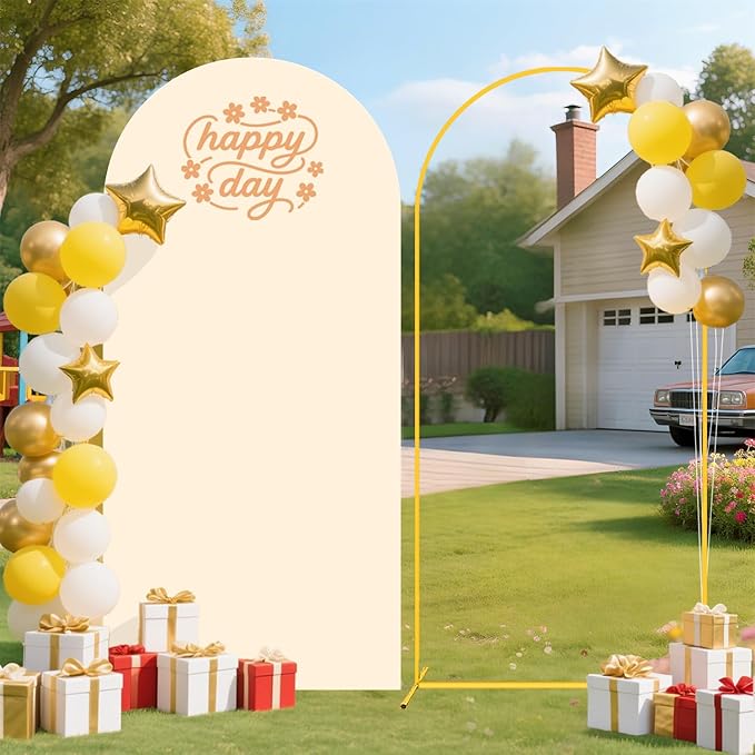 FUHSY Wedding Backdrop Arch Stand with Beige Arch Cover 7.2FT Metal Arch Backdrops Stand and Cover Set Balloon Backdrop Arches for Wedding Ceremony Graduation Bridal Baby Shower Event Decorations