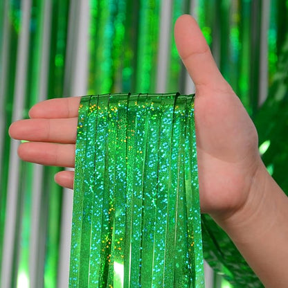 Melsan Foil Curtain Backdrop, 2 Pack 3.2 ft x 8.2 ft Tinsel Foil Fringe Curtains, Sparkle Metallic Foil Fringe Curtains for Christmas Party Decorations Photo Booth Props Decoration, Green
