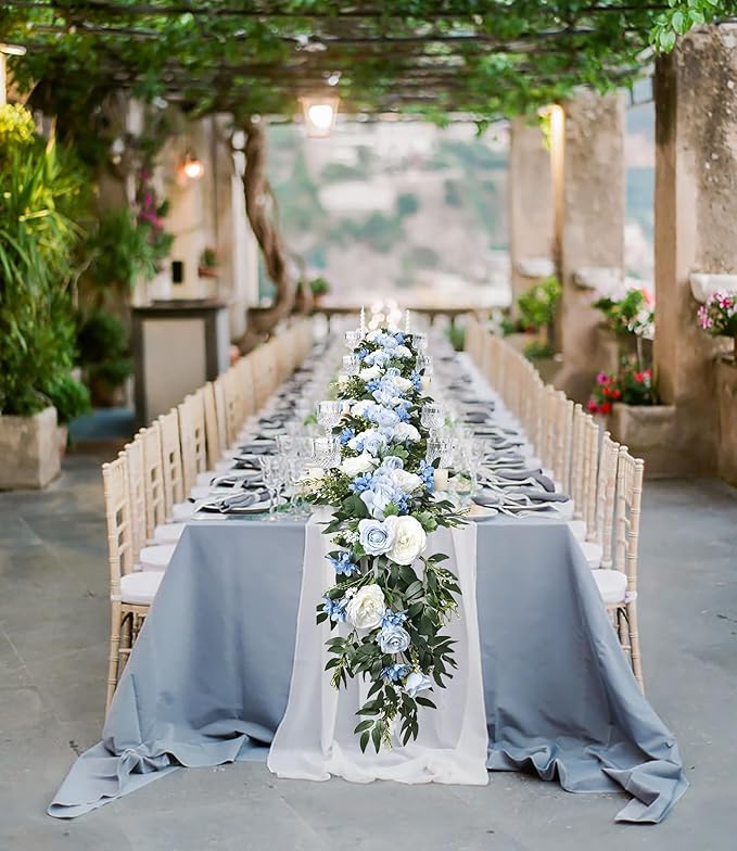 Lvydec 2 Pack Artificial Peony Flower Garland - 6ft Silk Peony Vine Willow Leaves Garland Blue and White Arch Flower Vine for Wedding Party Table Decoration (Blue)