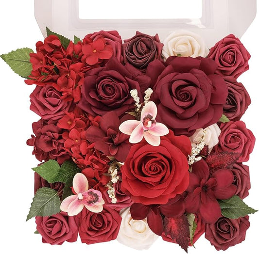 TINGE TIME Artificial Flowers Combo Mix Silk Flowers Red Roses w/stem for DIY Wedding Bridal Bouquets Baby Shower Floral Arrangement Table Centerpieces Home Decorations (Burgundy)