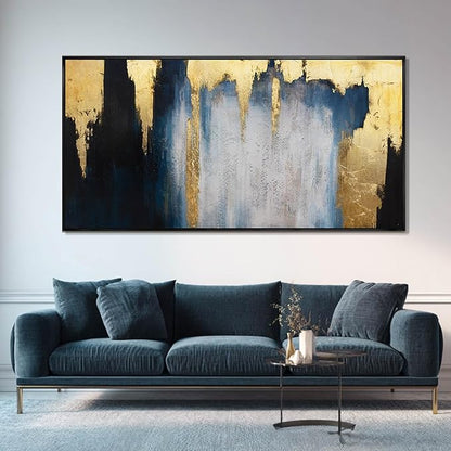 WINKAILIN Blue and Gold Abstract Canvas Wall Art with Frame Modern 29x58 Large Painting Minimalist Artwork for Living Room Bedroom Dining Room Decor